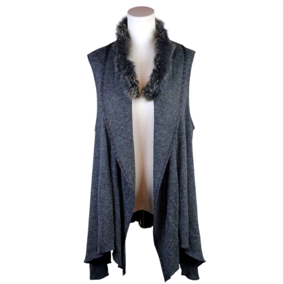 Simon Chang Rare Gray Knit Vest w/ Genuine Fox Fur Collar & Studs Size XL - Picture 1 of 9
